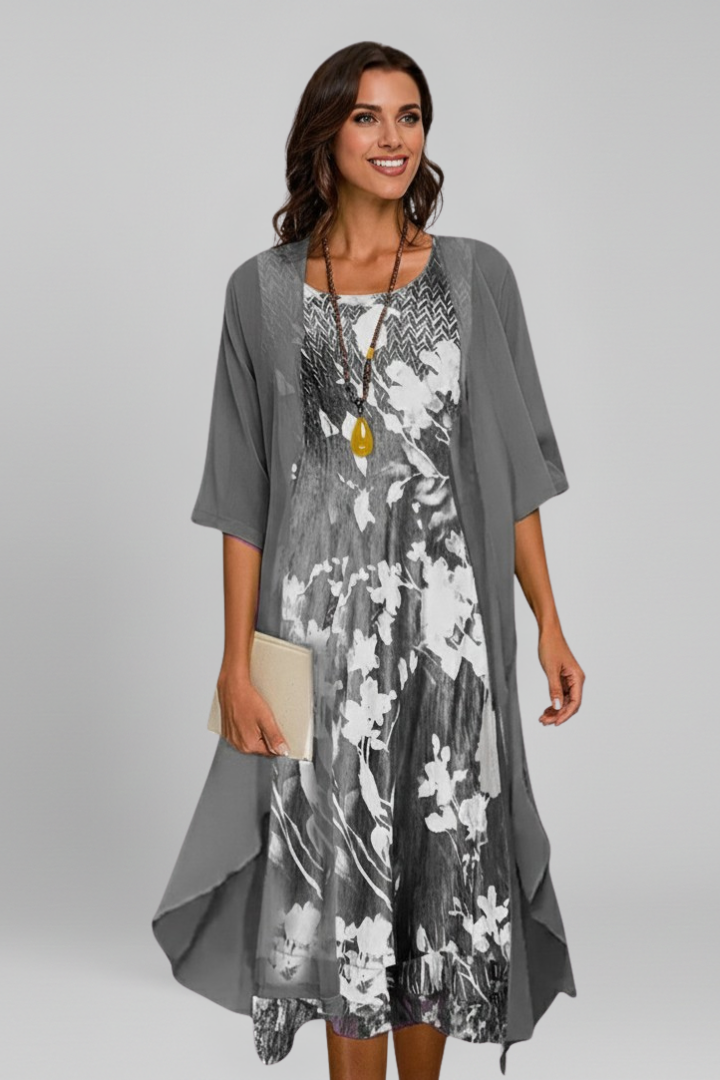 Women’s Midi Dress with Open Cardigan and Patterned Surface