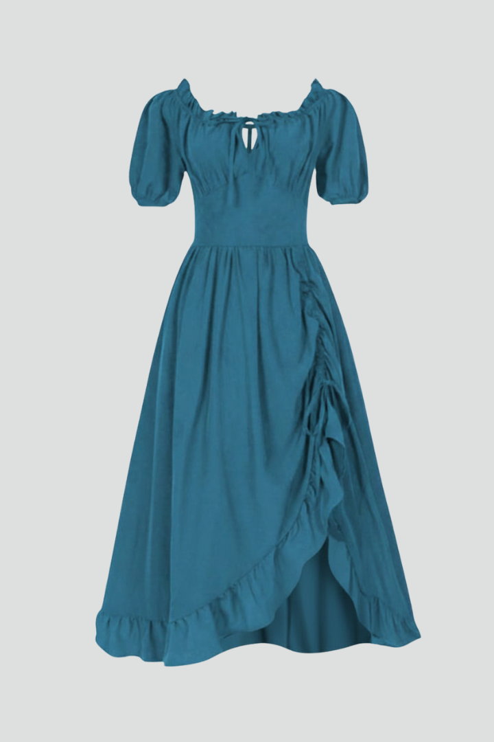 Women’s Midi Dress with Puff Sleeves and Ruffled Hem