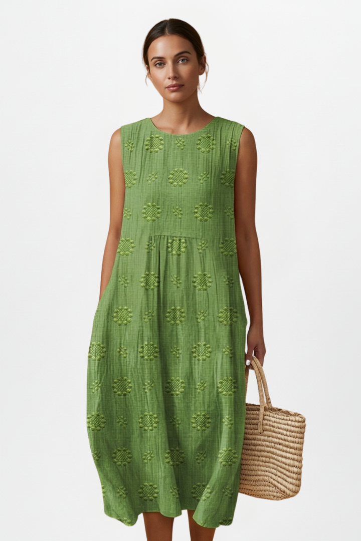 Women’s Midi Dress with Round Neck and Sleeveless Design
