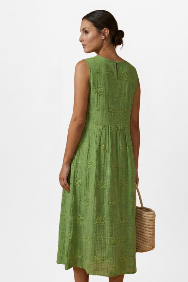 Women’s Midi Dress with Round Neck and Sleeveless Design