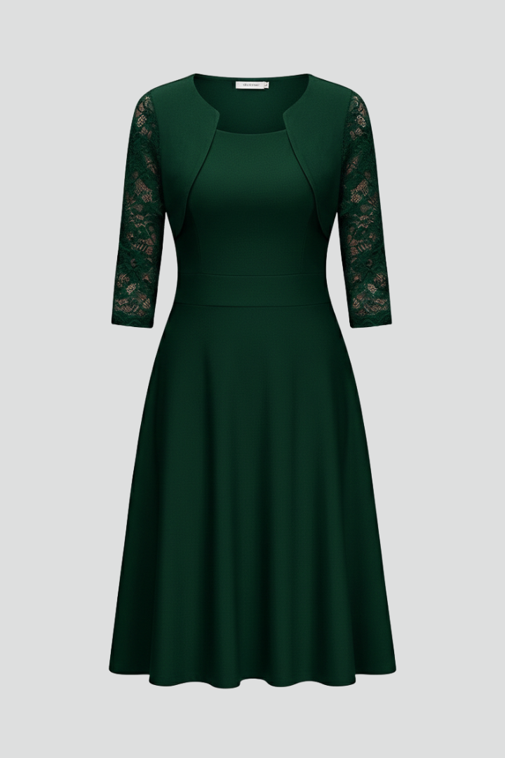 Women’s Midi Dress with Round Neckline and Lace Sleeves