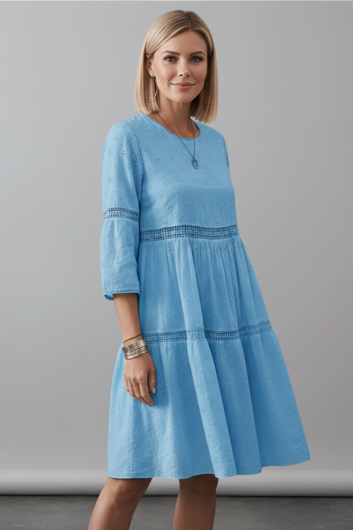 Women’s Midi Dress with Round Neckline and Long Sleeves
