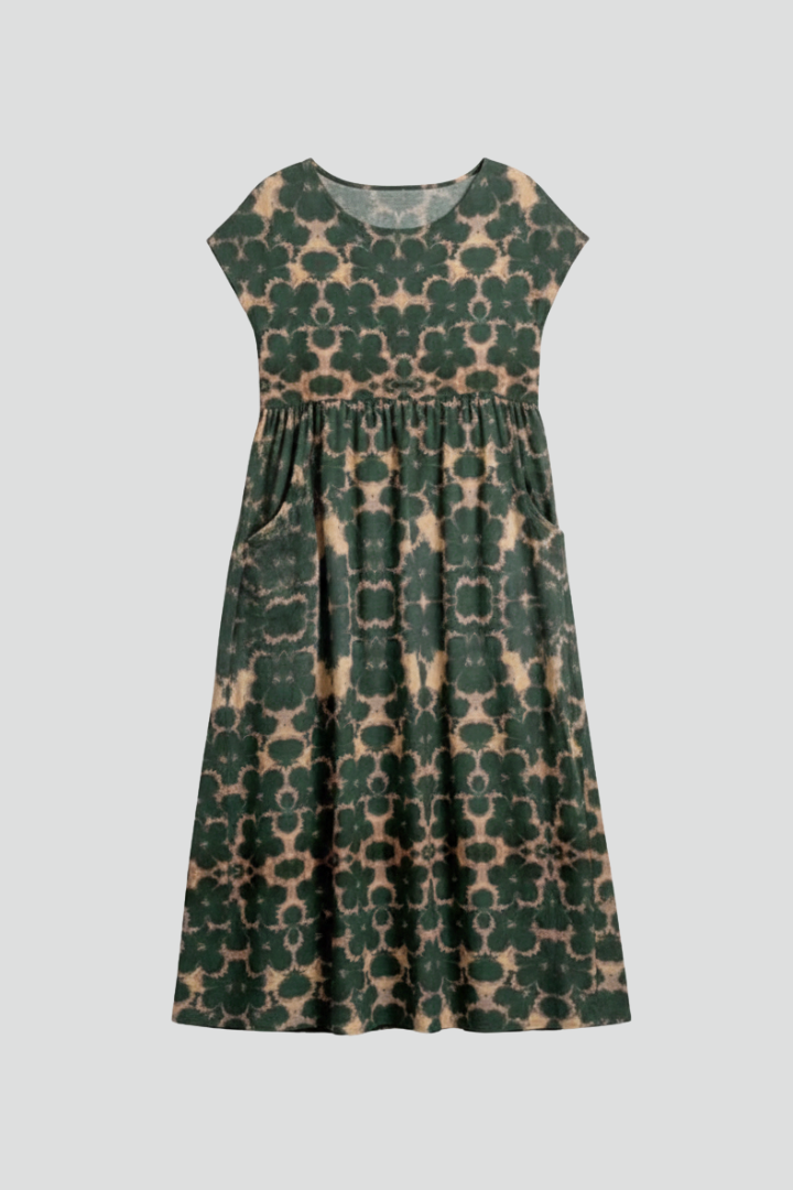 Women’s Midi Dress with Short Sleeves and Patterned Surface