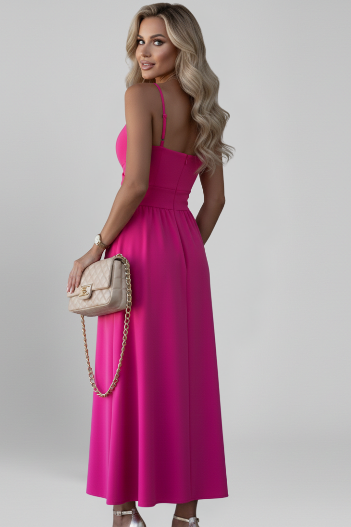 Women’s Midi Dress with Shoulder Straps and Front Slit