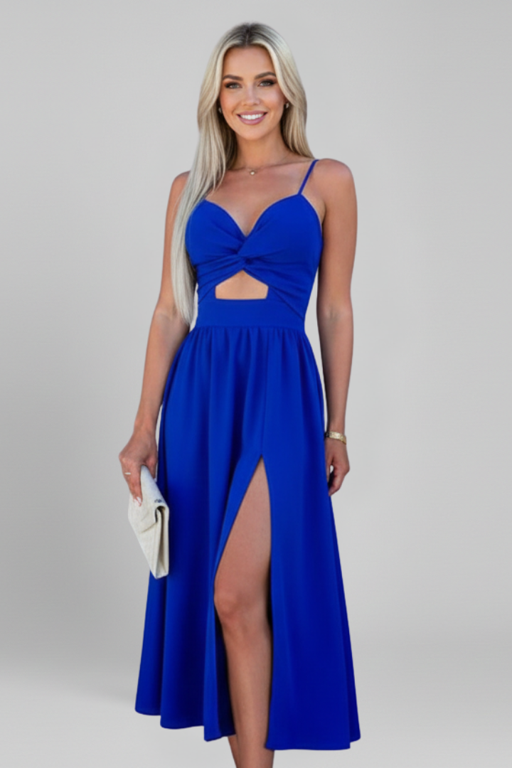 Women’s Midi Dress with Shoulder Straps and Front Slit