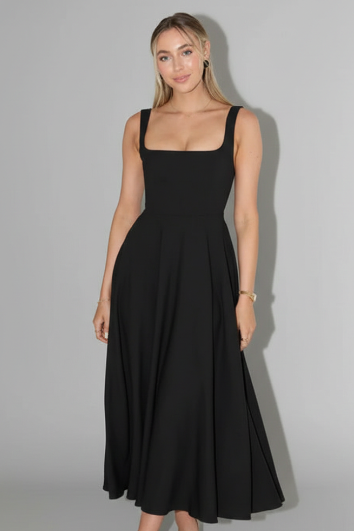 Women’s Midi Dress with Square Neckline and High Waist