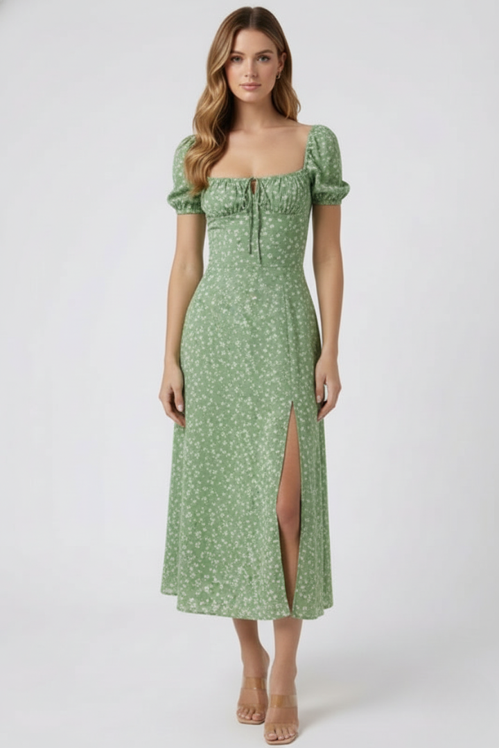 Women’s Midi Dress with Square Neckline and Puff Sleeves