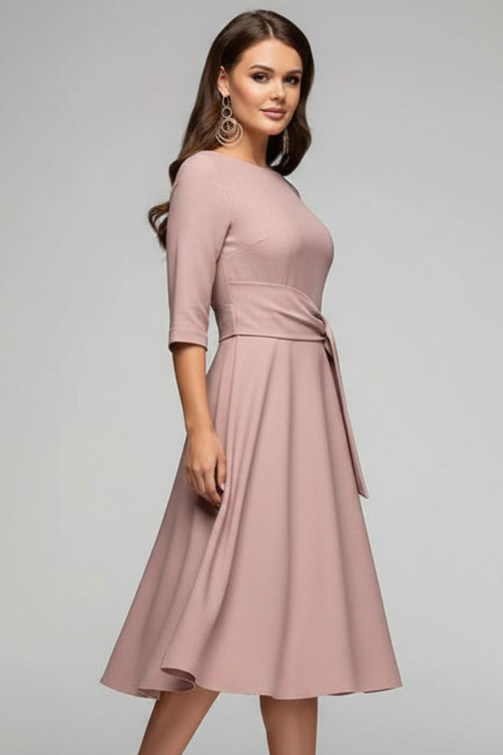 Women’s Midi Dress with Tie Waist and Three-Quarter Sleeves