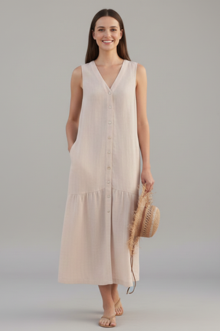 Women’s Midi Dress with V-Neck and Button Front