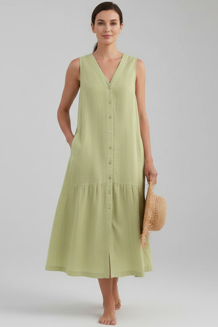 Women’s Midi Dress with V-Neck and Button Front