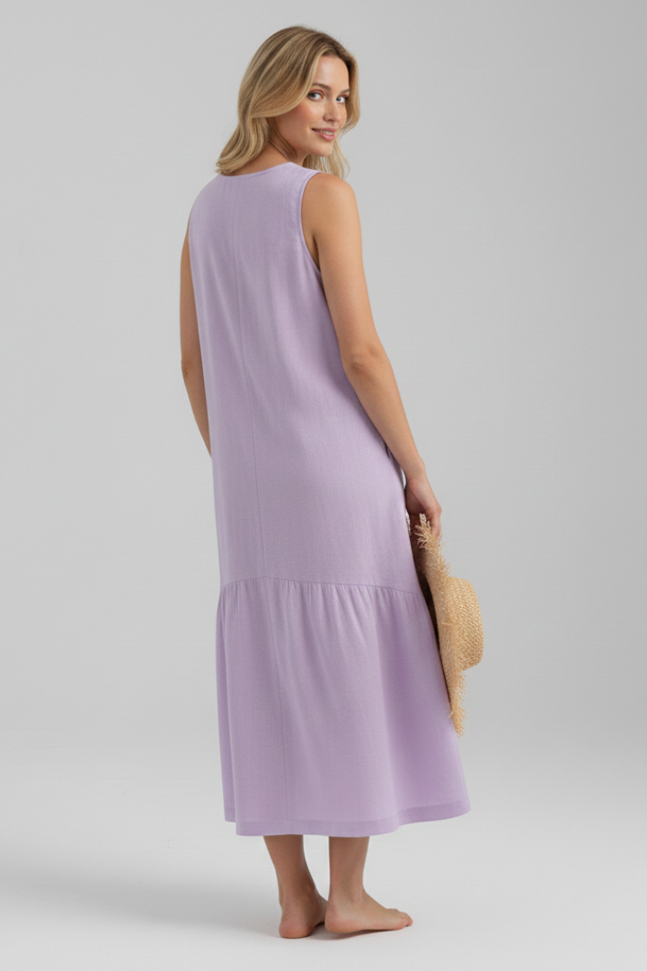 Women’s Midi Dress with V-Neck and Button Front