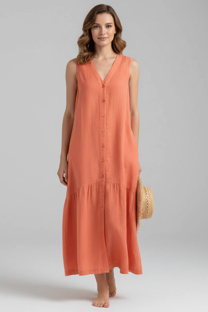 Women’s Midi Dress with V-Neck and Button Front