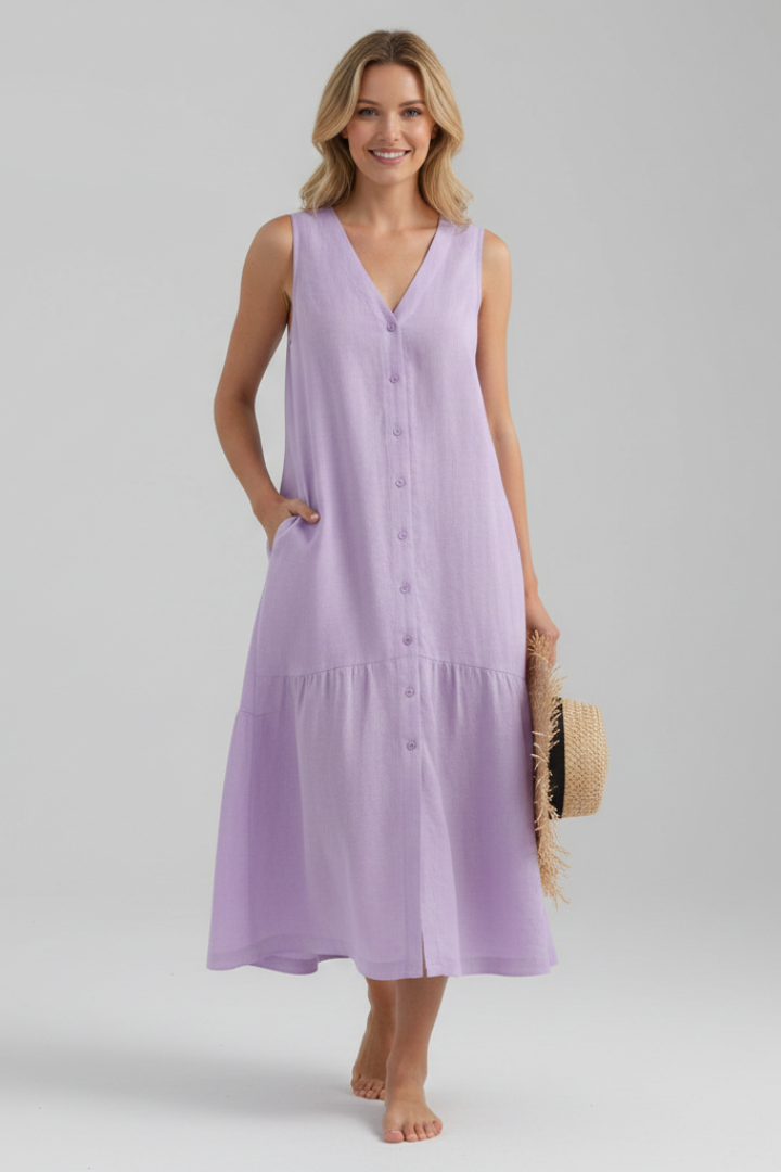 Women’s Midi Dress with V-Neck and Button Front