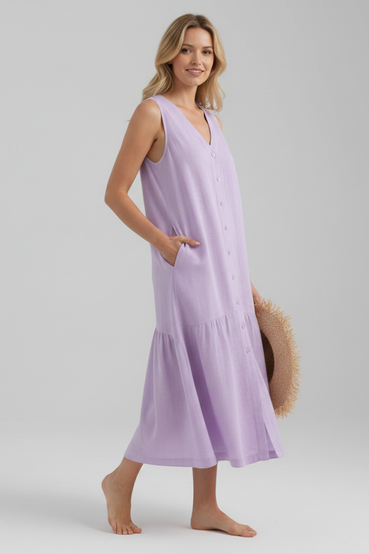 Women’s Midi Dress with V-Neck and Button Front