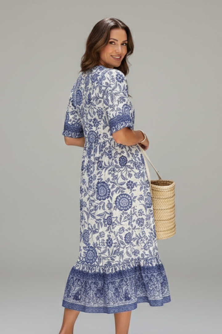 Women’s Midi Dress with V-Neck and Short Sleeves