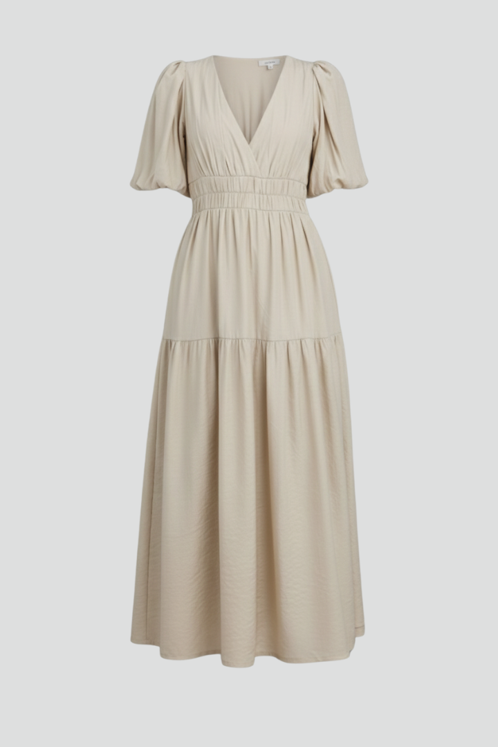 Women’s Midi Dress with V-Neck and Tiered Hem