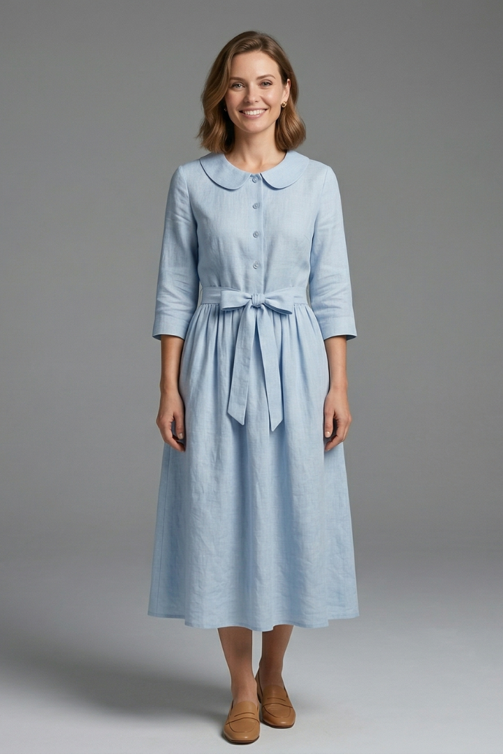 Women’s Midi Dress with V-Neck and Waist Tie