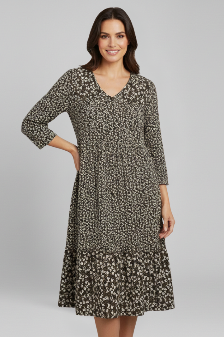 Women’s Midi Dress with V-Neckline and Smocked Waist