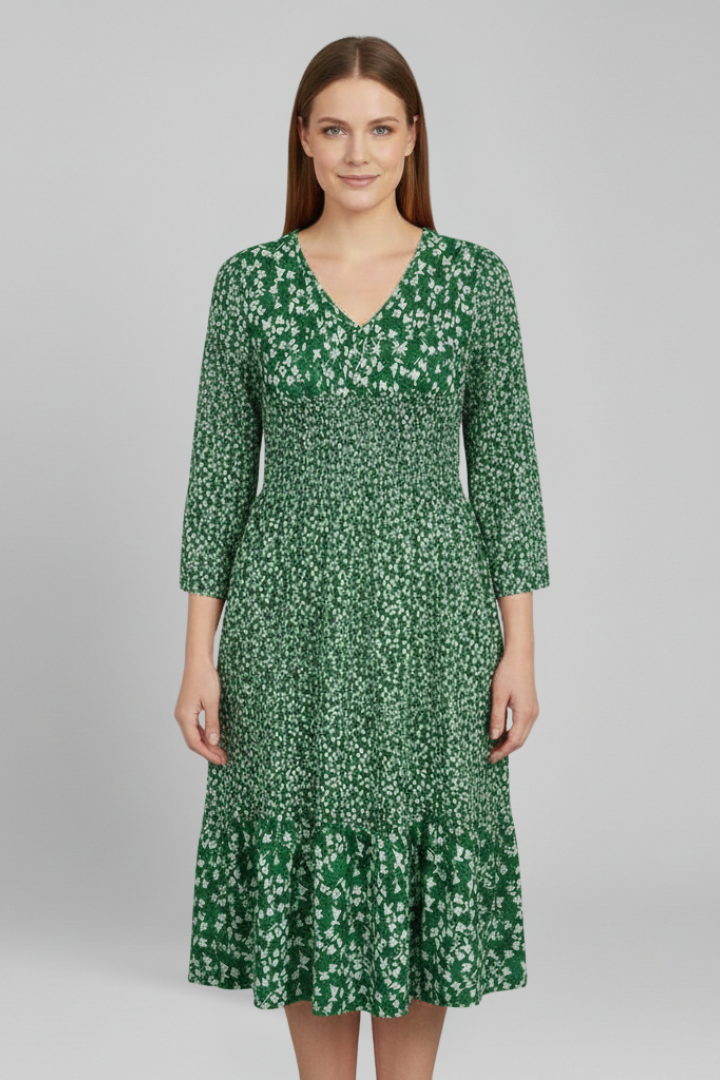 Women’s Midi Dress with V-Neckline and Smocked Waist