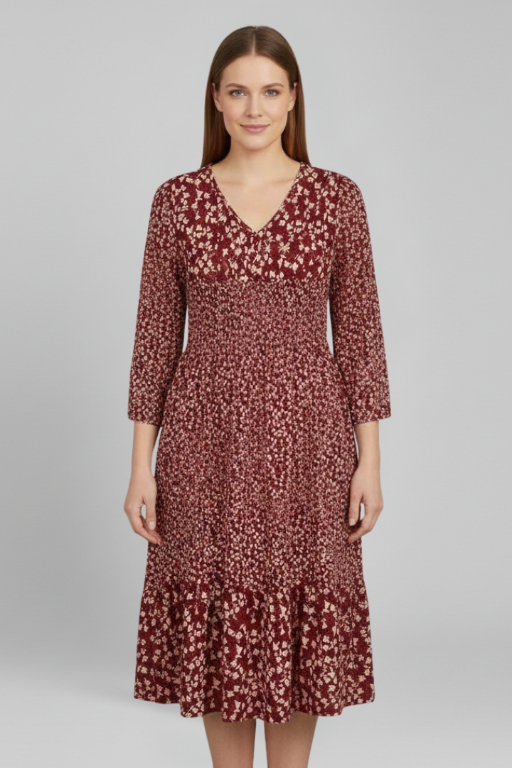 Women’s Midi Dress with V-Neckline and Smocked Waist