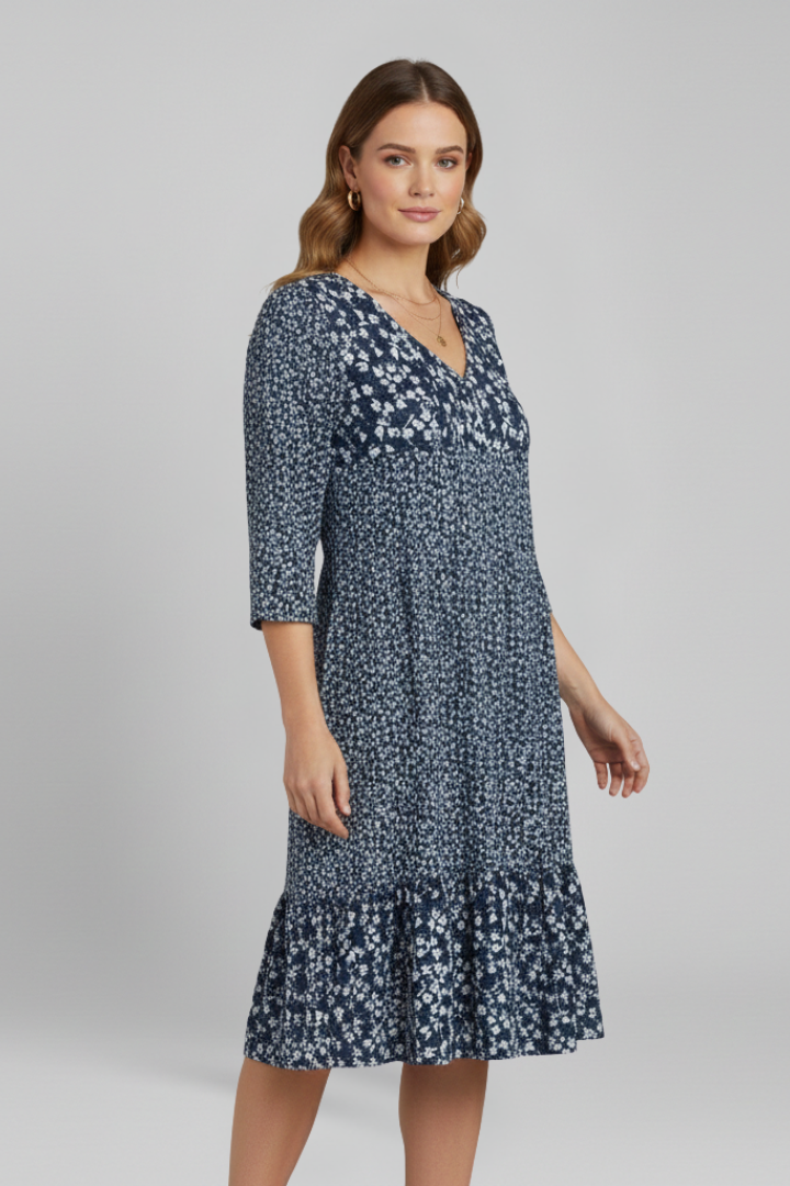 Women’s Midi Dress with V-Neckline and Smocked Waist