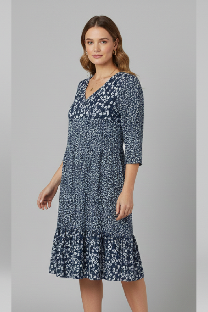 Women’s Midi Dress with V-Neckline and Smocked Waist