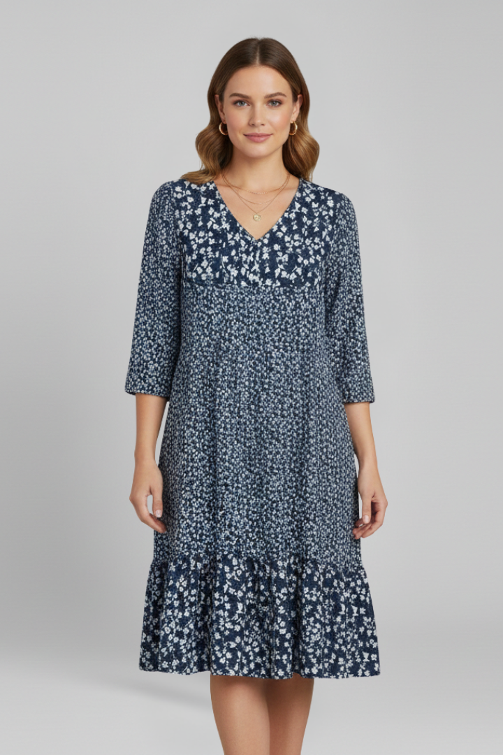 Women’s Midi Dress with V-Neckline and Smocked Waist