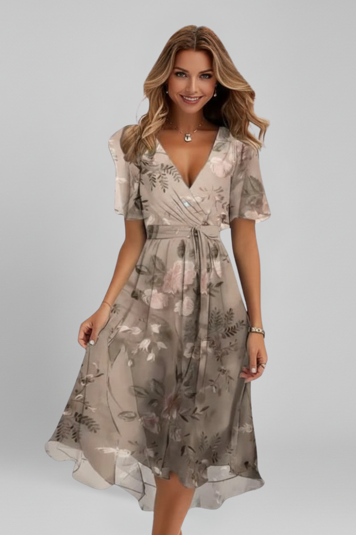 Women’s Midi Dress with V Neck and Pattern