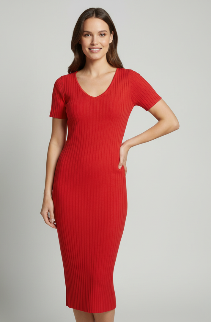 Women’s Midi Dress with V Neck and Short Sleeves