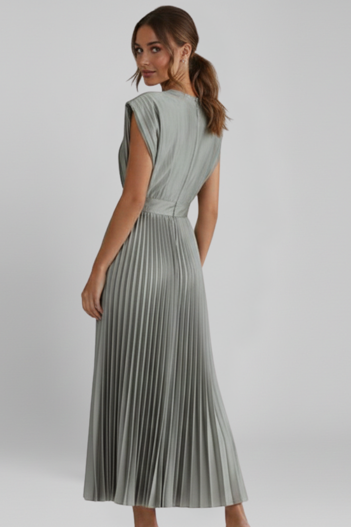 Women’s Midi Dress with V Neckline and Pleated Skirt