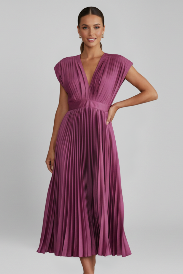 Women’s Midi Dress with V Neckline and Pleated Skirt