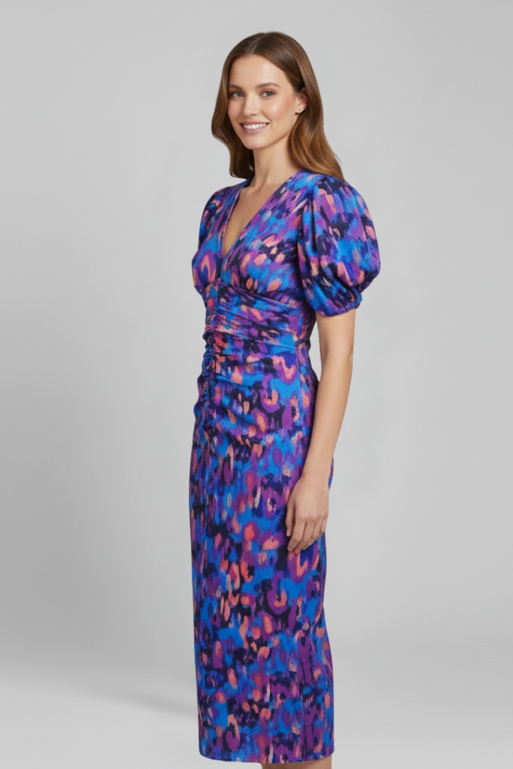 Women’s Midi Dress with V Neckline and Puff Sleeves