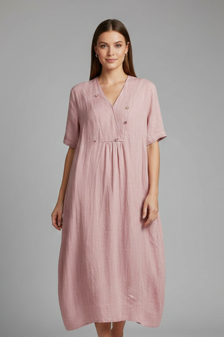 Women’s Midi Dress with V Neckline and Short Sleeves