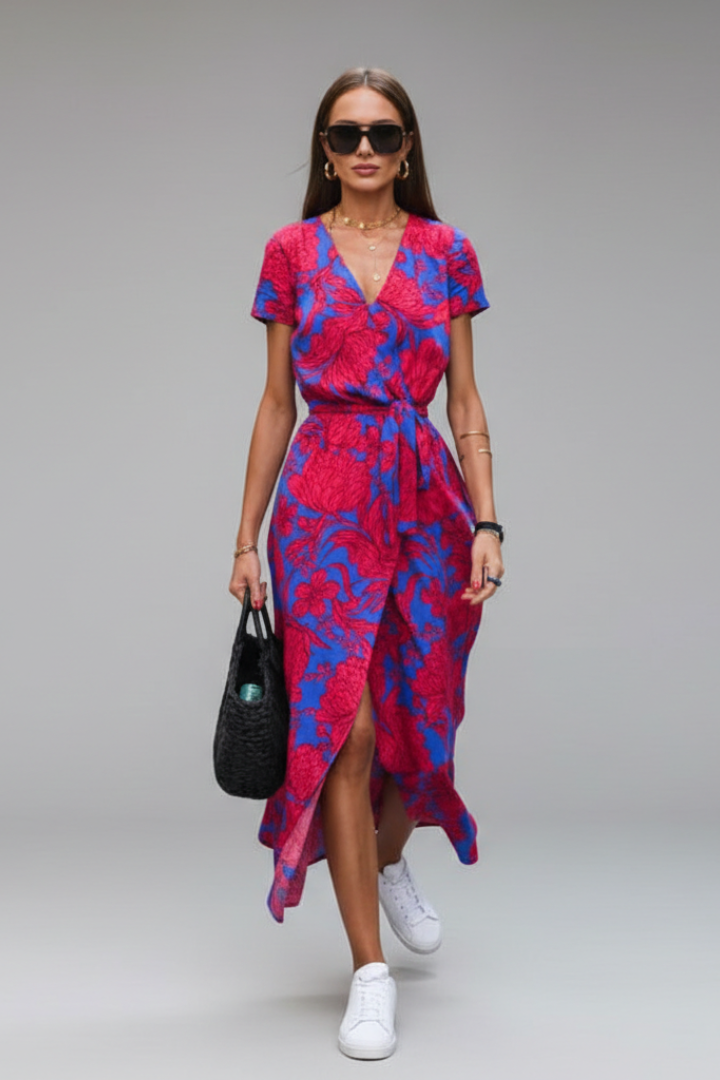 Women’s Midi Dress with Wrap Front and Waist Tie