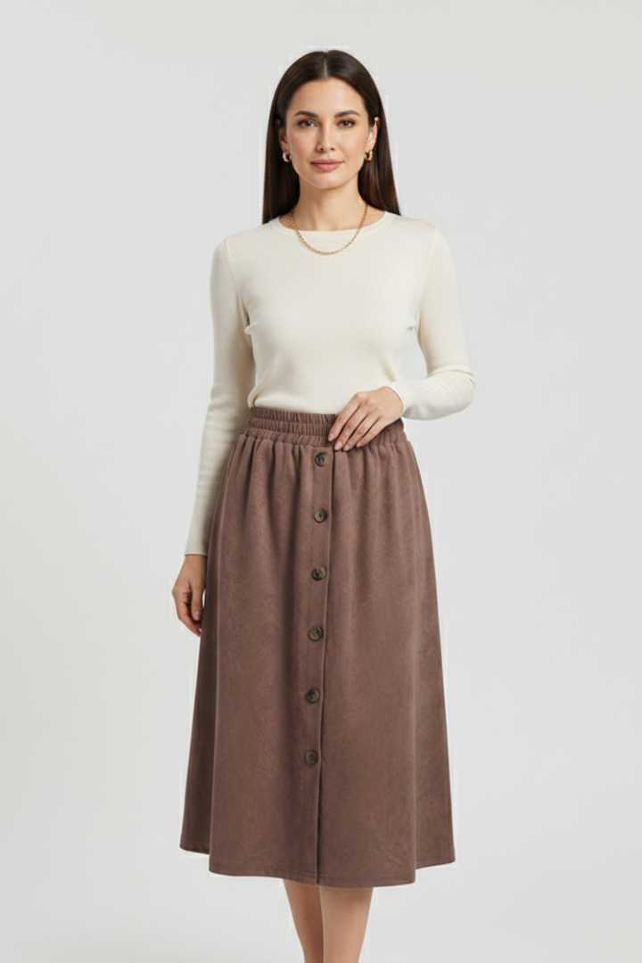 Women’s Midi Skirt with Button Front and Elastic Waist
