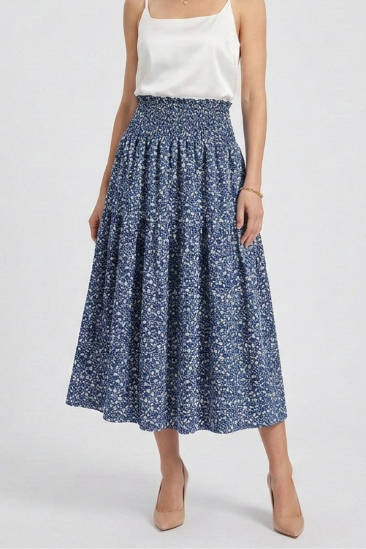 Women’s Midi Skirt with Elastic Waist and Floral Print