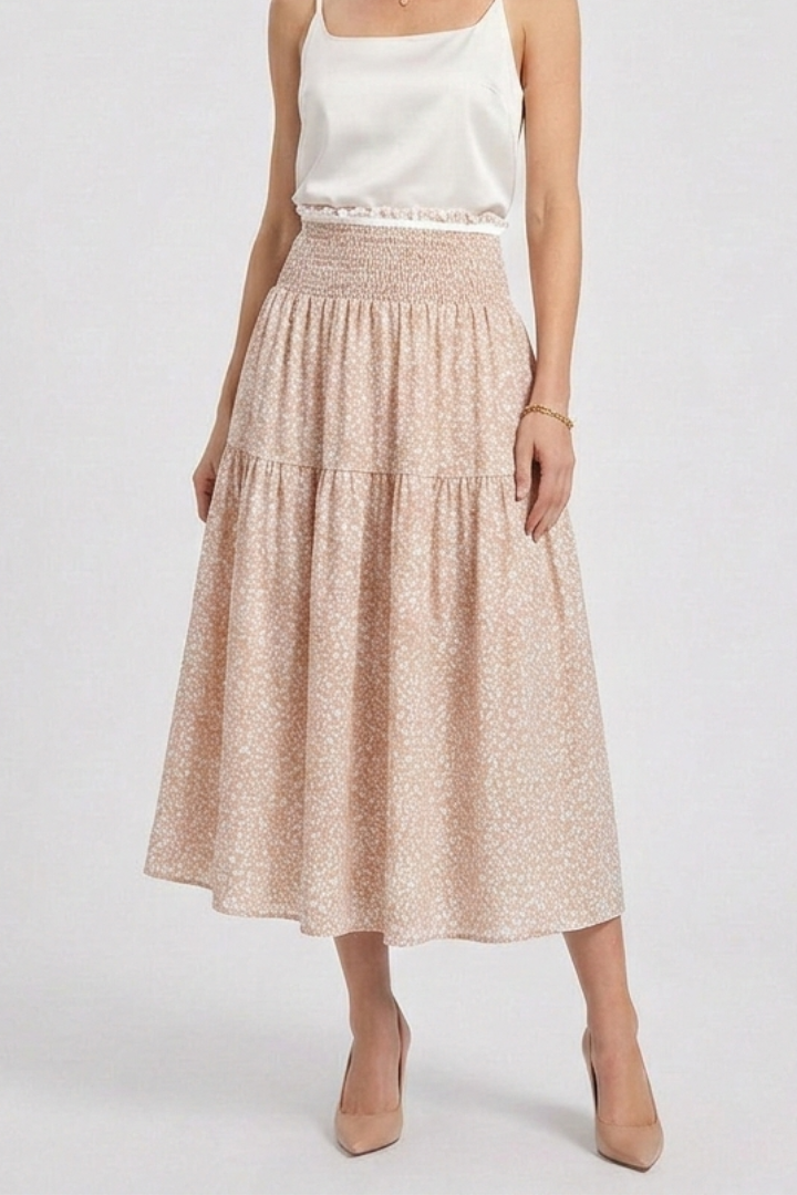 Women’s Midi Skirt with Elastic Waist and Floral Print