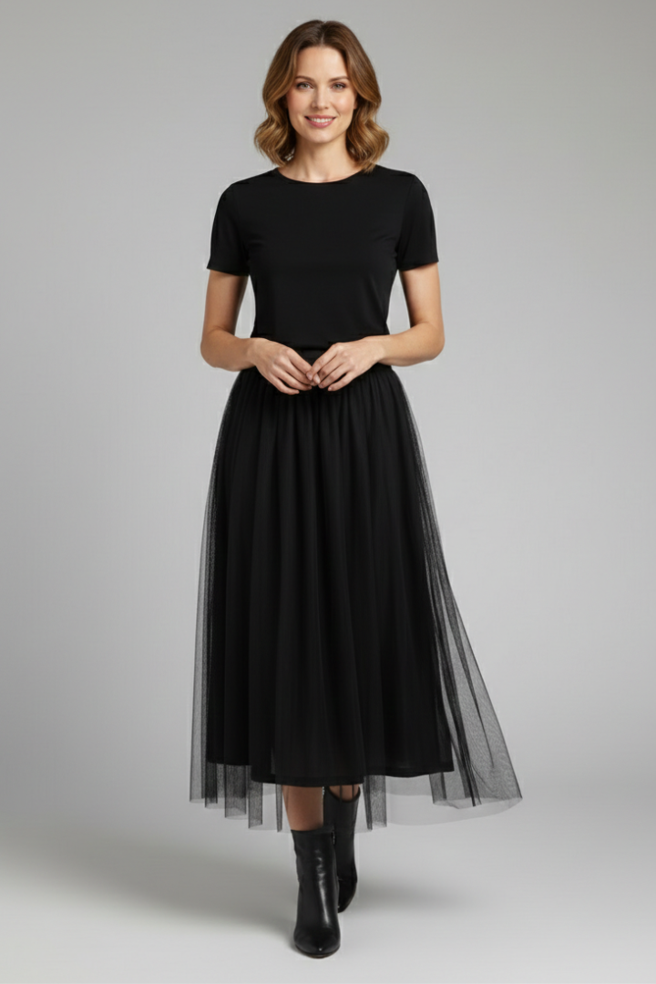 Women’s Midi Skirt with Elastic Waist and Mesh Layers