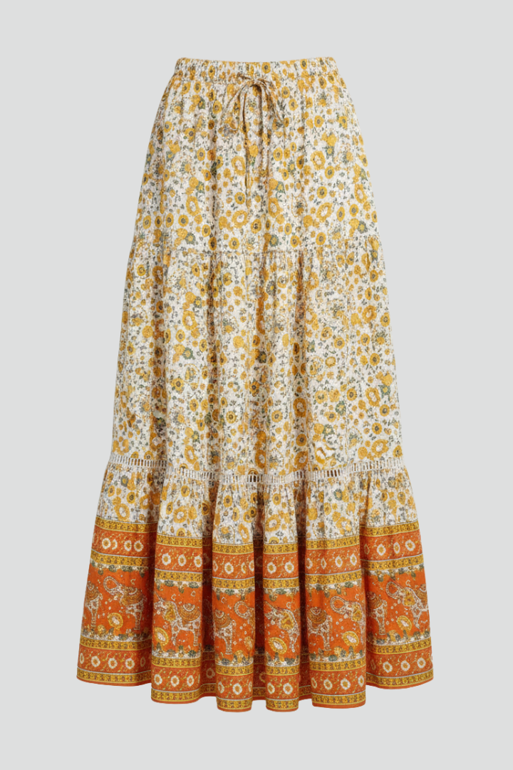 Women’s Midi Skirt with Elastic Waist and Printed Border