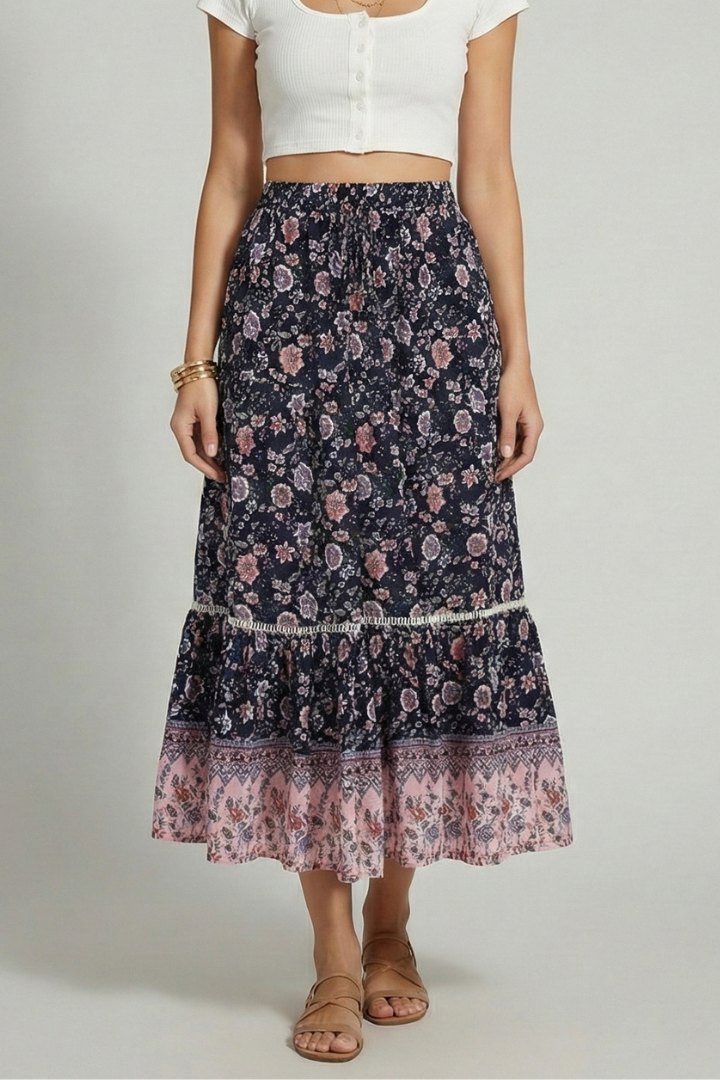 Women’s Midi Skirt with Elastic Waist and Printed Border