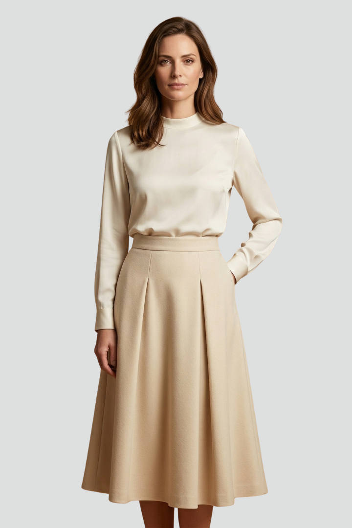 Women’s Midi Skirt with High Waist and Pleated Front