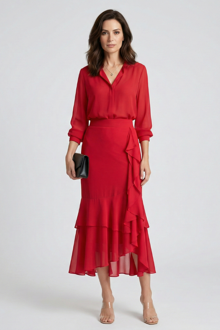 Women’s Midi Skirt with High Waist and Ruffle Layersa