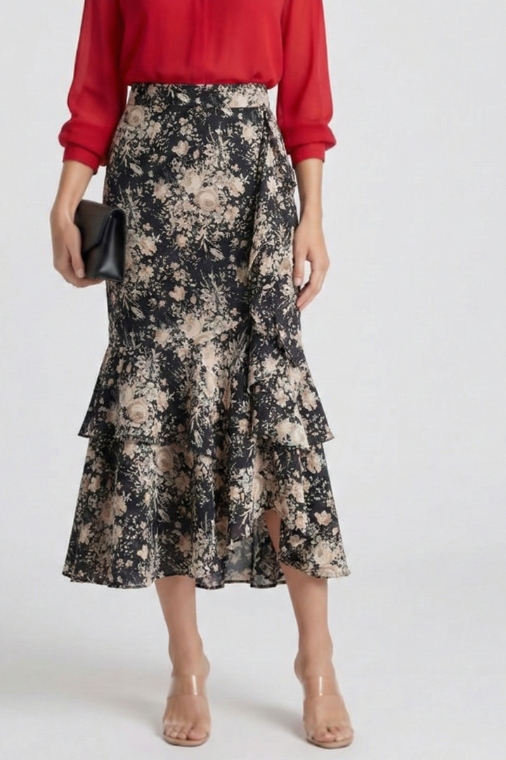 Women’s Midi Skirt with High Waist and Ruffle Layersa