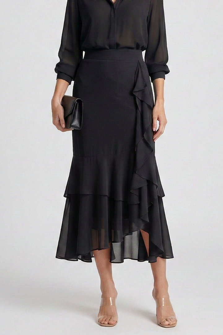 Women’s Midi Skirt with High Waist and Ruffle Layersa