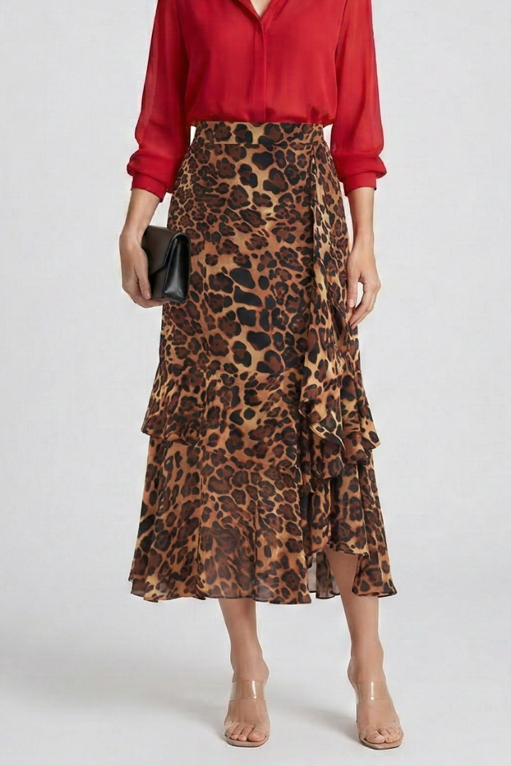 Women’s Midi Skirt with High Waist and Ruffle Layersa