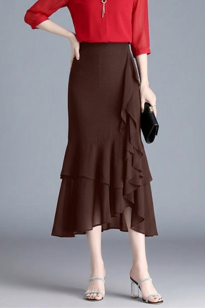 Women’s Midi Skirt with High Waist and Ruffle Layersa
