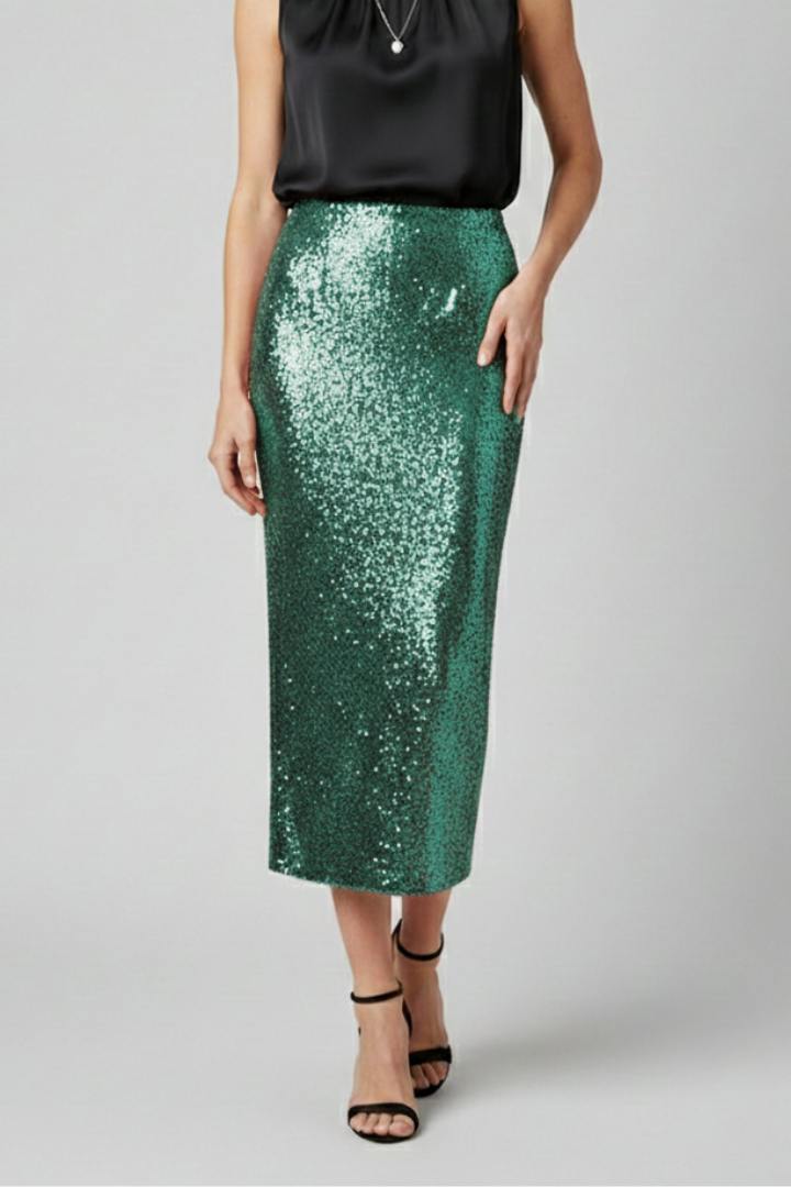 Women’s Midi Skirt with High Waist and Sequinned Surface