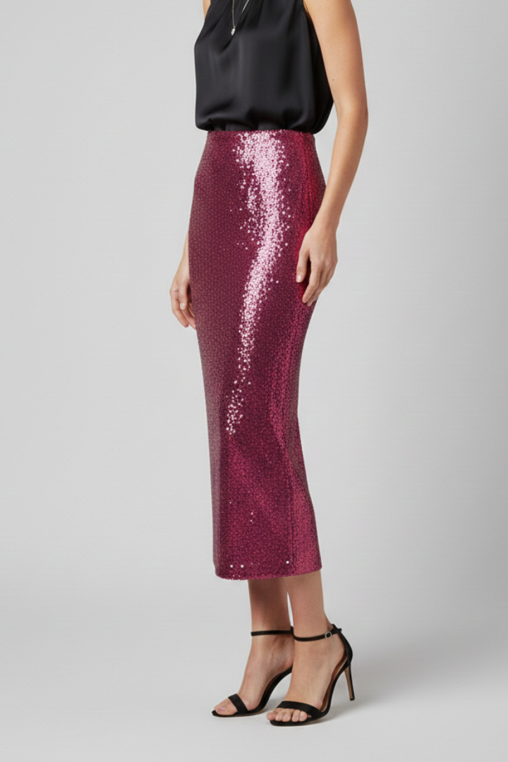 Women’s Midi Skirt with High Waist and Sequinned Surface