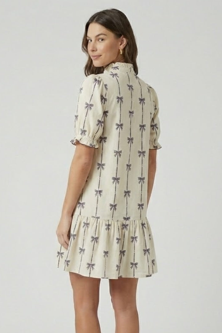Women’s Mini Dress with Bow Print and Puff Sleeves