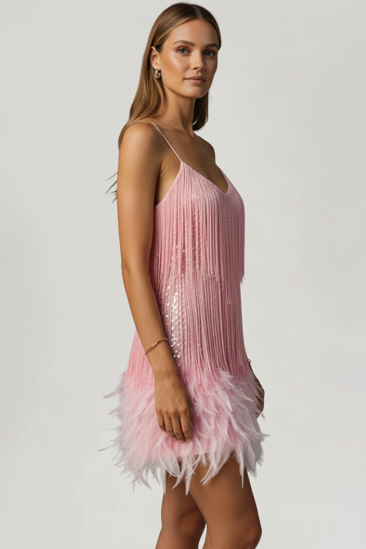 Women’s Mini Dress with Spaghetti Straps and Fringe Hem